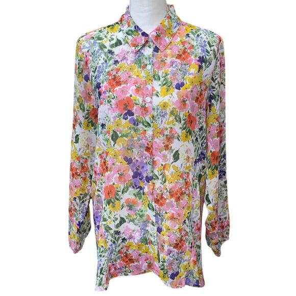 Norm Thompson Escape Ordinary Women Floral Sheer Blouse Top Button M Boho Hi Low - Picture 1 of 14